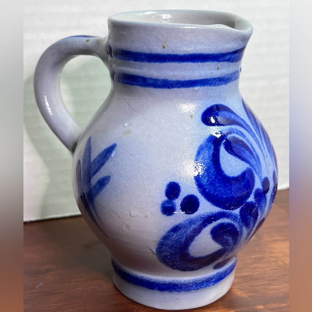 Vintage German Salt Glaze Pottery Pitcher Cobalt Blue Stoneware